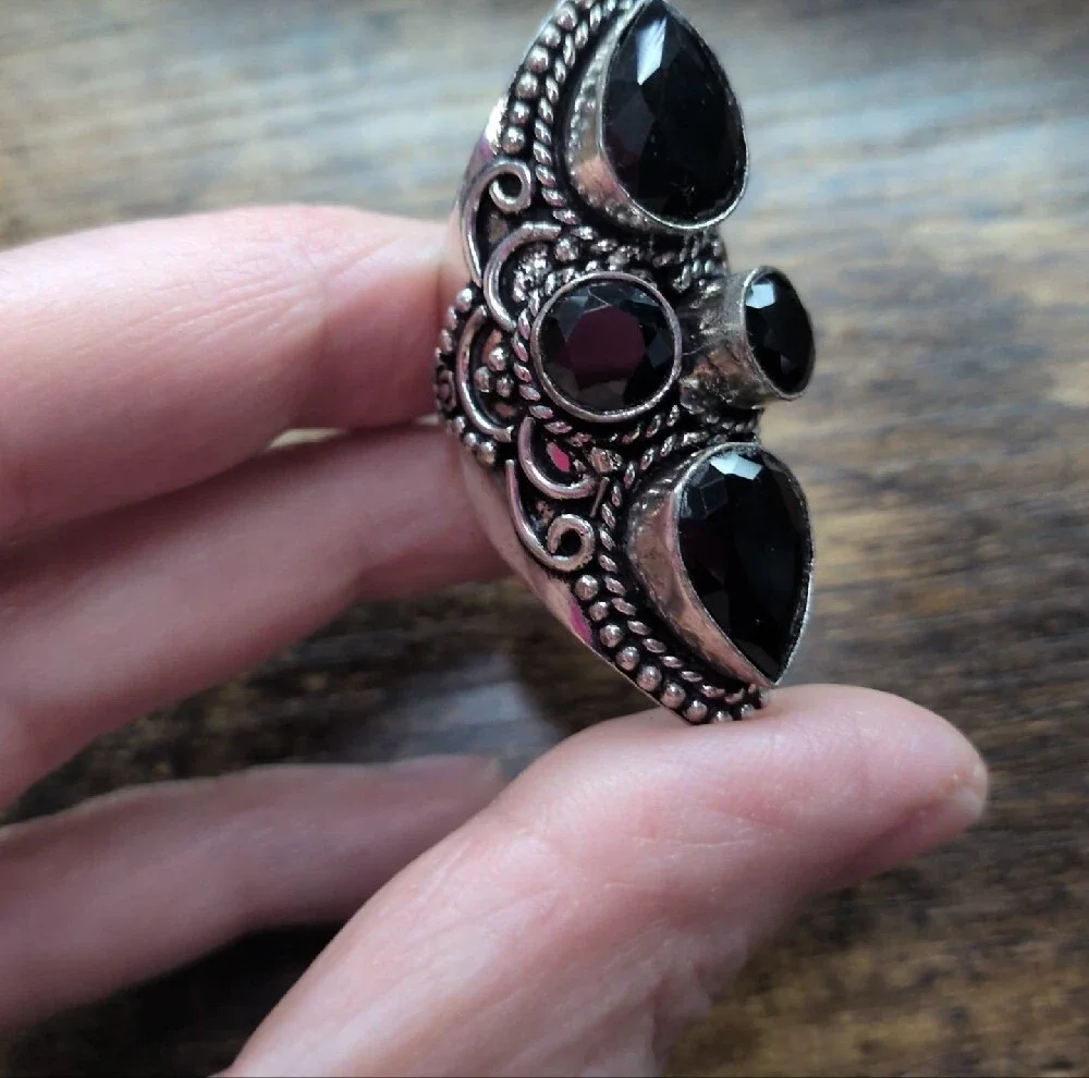 Black Onyx Gemstone Teardrop Statement Ring